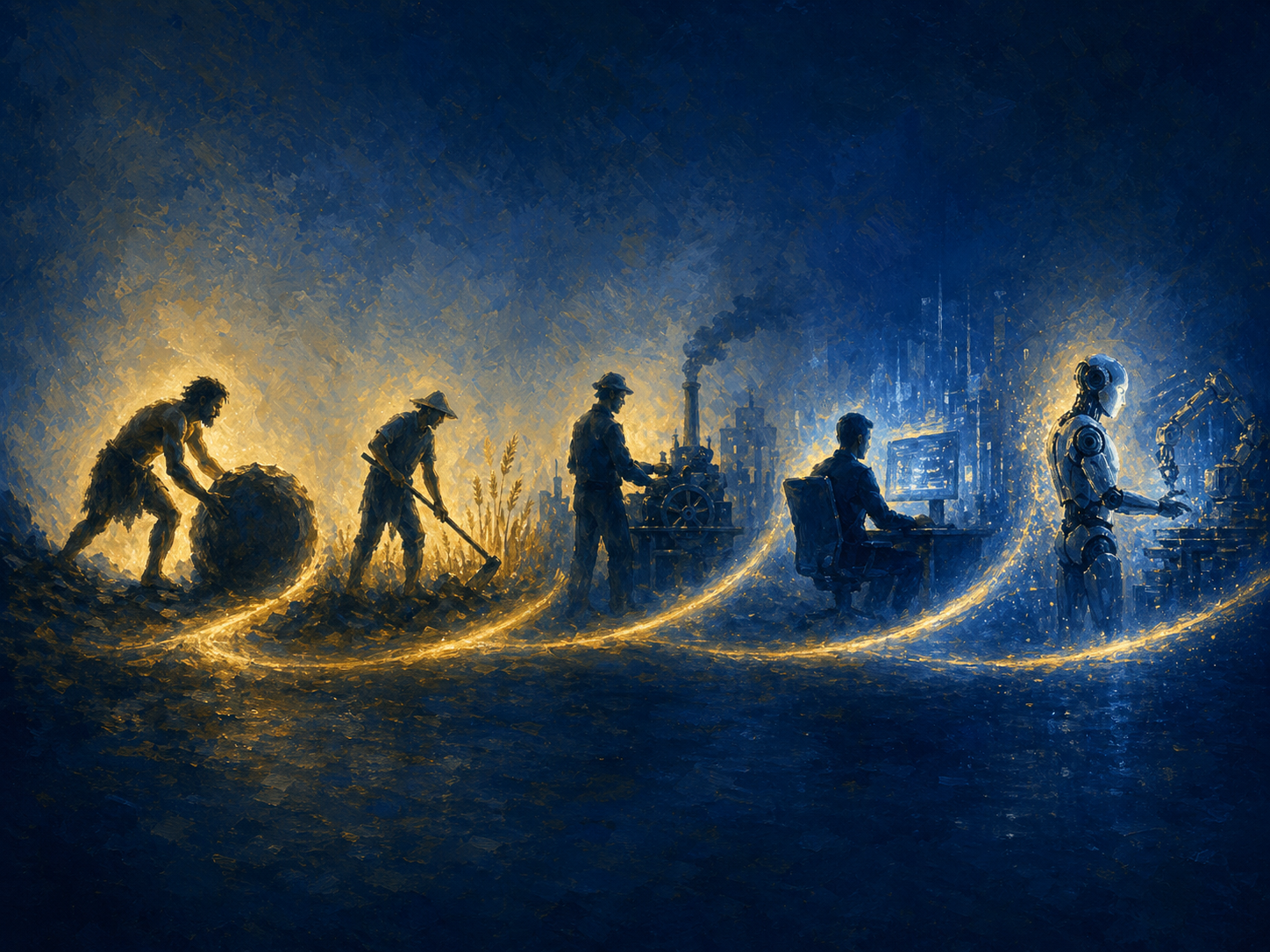 A cinematic painted scene showing five stages of human labor evolution — from caveman to farmer to factory worker to office worker to robot — illuminated by gold light against a deep blue field.